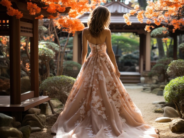 Una donna con un abito da sposa arancione e bianco un abito da sposa un giardino una donna con un abito da sposa