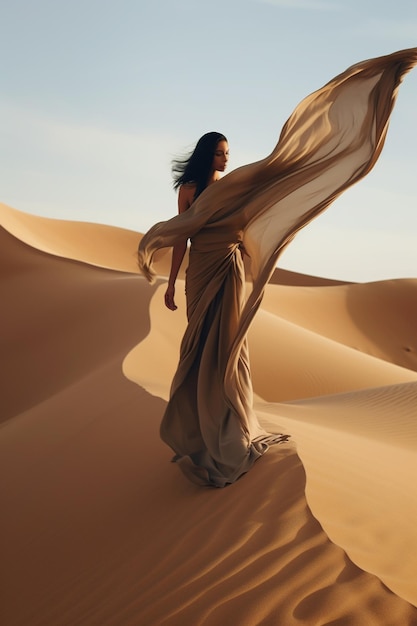 Una donna con un abito lungo è in piedi nel deserto