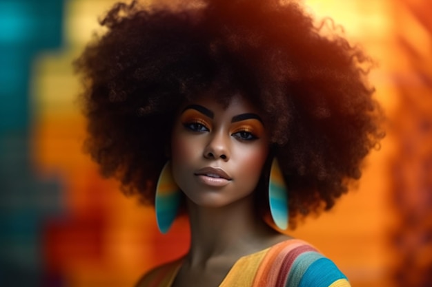 Una donna con un'acconciatura afro con un vestito a righe colorate