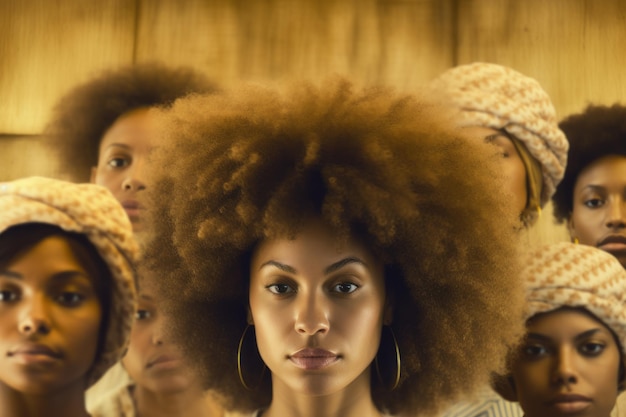 Una donna con un afro in testa si trova di fronte a una parete di legno.