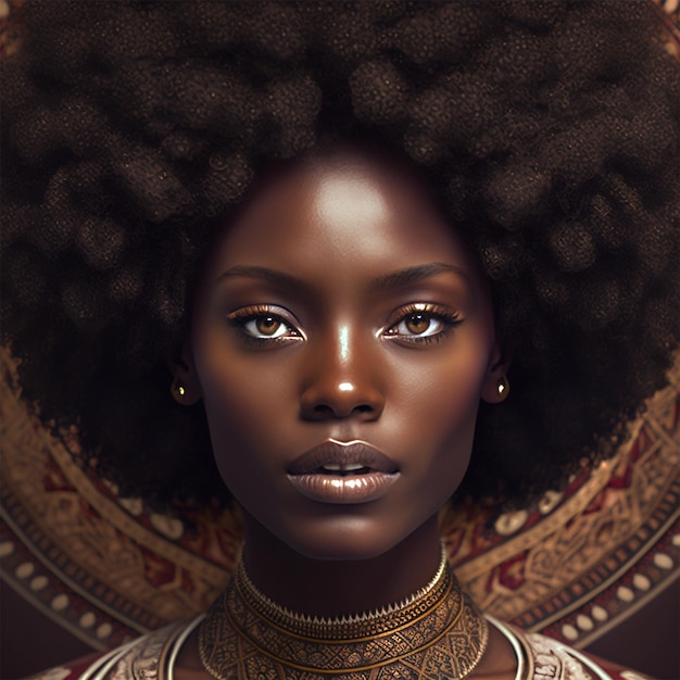 Una donna con un ampio afro sul viso indossa una collana d'oro.