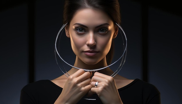 una donna con un anello selfie in stile liscio e lucido