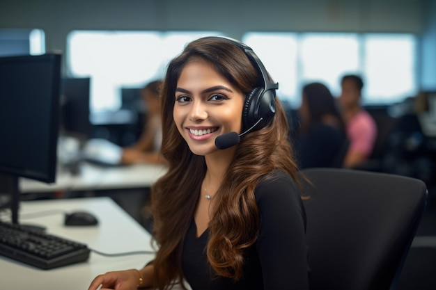 Una donna con un auricolare è seduta davanti a un monitor di computer.