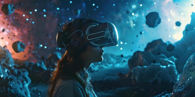 Una donna con un auricolare VR esplora un ambiente cosmico circondato da asteroidi e stelle lontane Concetto Tecnologia della realtà virtuale Esplorazione dello spazio esterno Tecnologia futuristica