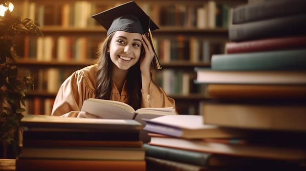 Una donna con un berretto da laurea siede a una scrivania con sopra dei libri