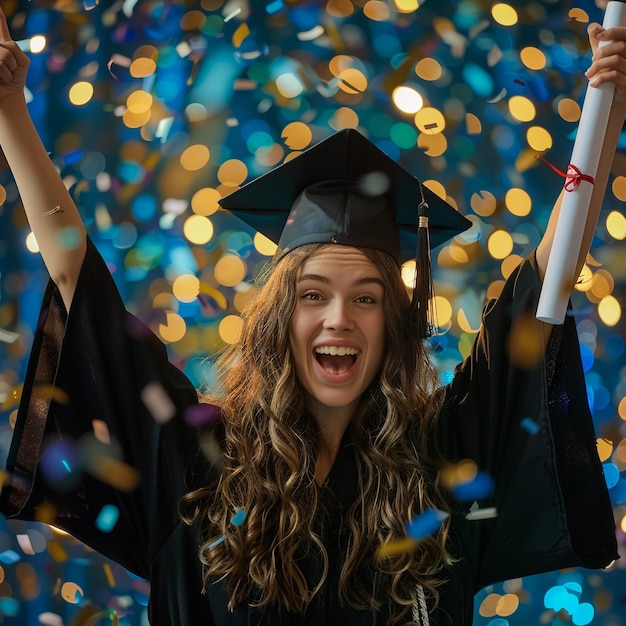 una donna con un berretto di laurea sta tenendo un diploma e confetti