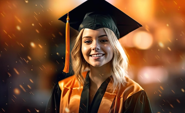 Una donna con un berretto e un abito da laurea sorride alla telecamera.