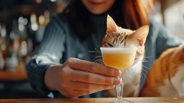 Una donna con un bicchiere di succo d'arancia con due gatti ai