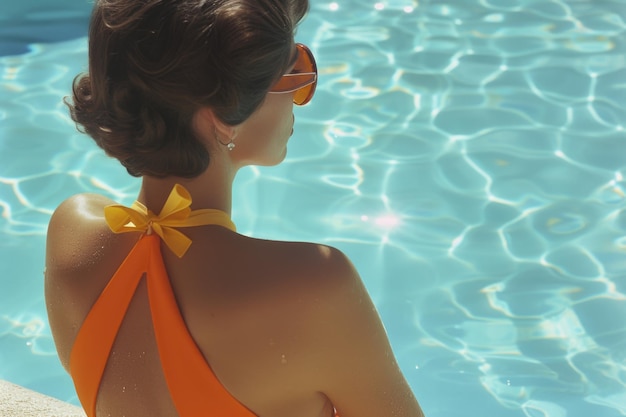 Una donna con un bikini arancione è seduta sul bordo di una piscina l'acqua limpida riflette il cielo blu sopra creando una scena tranquilla e invitante