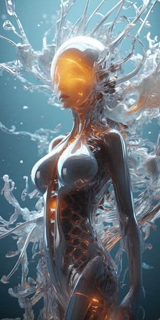 una donna con un bikini bianco è in piedi in acqua con un grande spruzzo d'acqua dietro di lei
