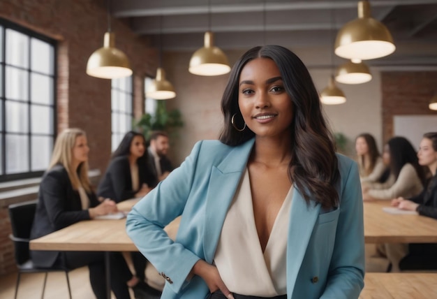 Una donna con un blazer azzurro si trova con fiducia in un ambiente di ufficio moderno che incarna professionalità e