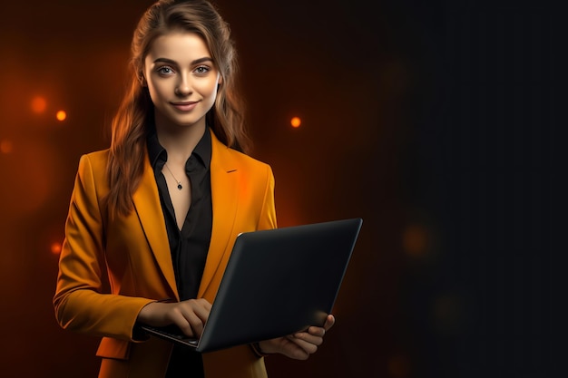Una donna con un blazer giallo tiene in mano un laptop davanti a uno sfondo nero
