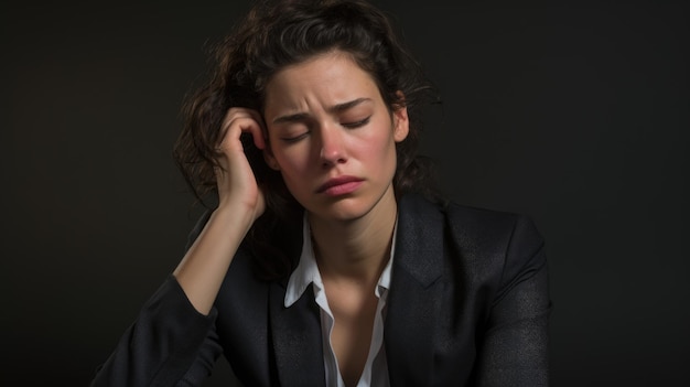Una donna con un blazer nero che soffre di un doloroso mal di testa o emicrania con la mano sulla testa