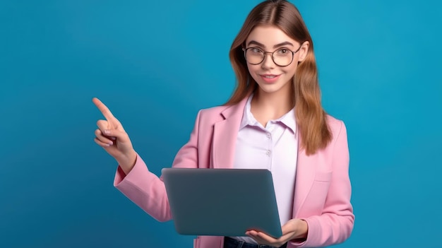 Una donna con un blazer rosa indica un laptop.