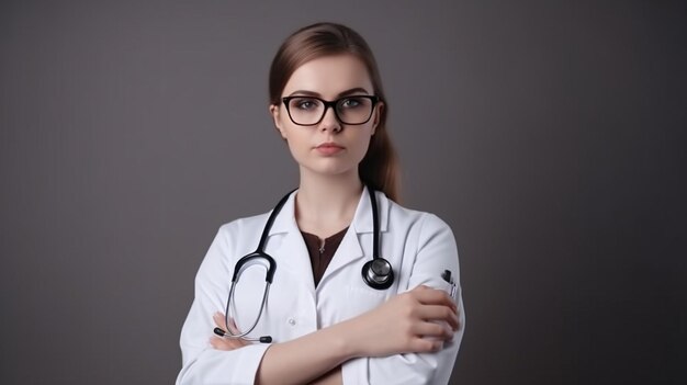 Una donna con un camice bianco da laboratorio e uno stetoscopio sul collo è in piedi con le braccia incrociate.