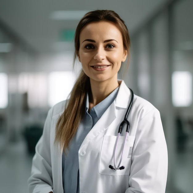 Una donna con un camice bianco e uno stetoscopio al collo sorride.