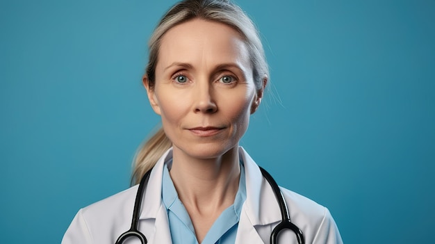 Una donna con un camice bianco e uno stetoscopio sul collo si trova davanti a uno sfondo blu.