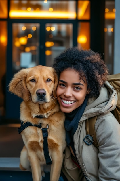 Una donna con un cane che sorride