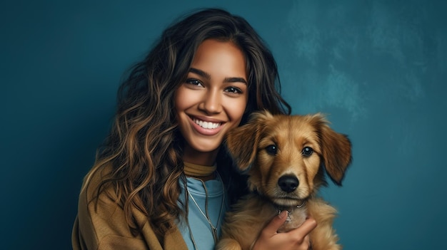 Una donna con un cane davanti a uno sfondo blu.