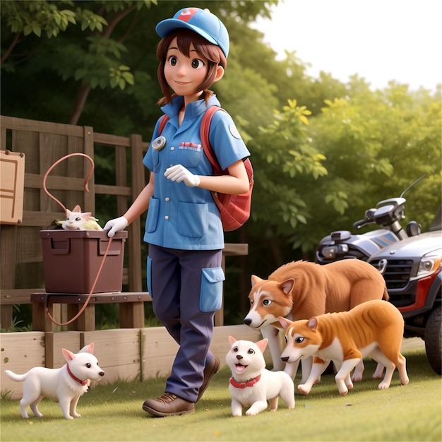 una donna con un cane e un cane giocattolo davanti a un camion.