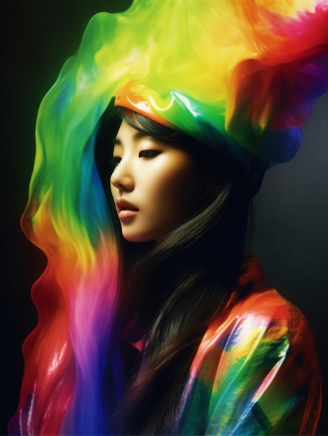 Una donna con un cappello arcobaleno in testa