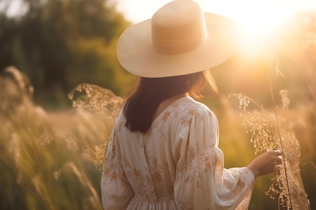 Una donna con un cappello cammina attraverso un campo erboso