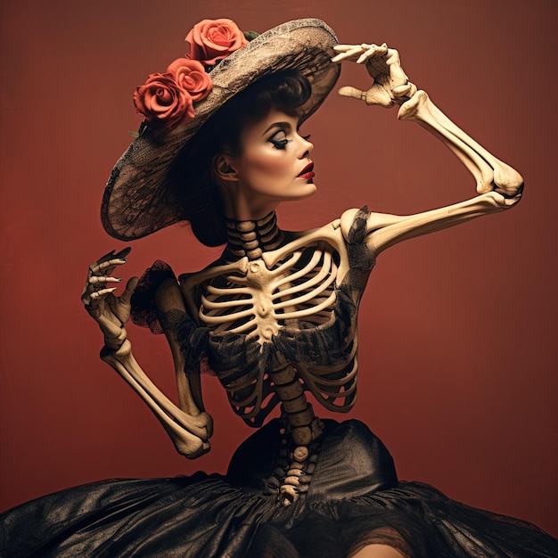 Una donna con un cappello che dice scheletro
