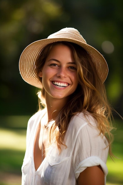 una donna con un cappello che dice sorriso