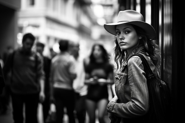 una donna con un cappello che guarda la telecamera in una strada trafficata una foto in bianco e nero