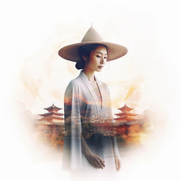 una donna con un cappello cinese è in piedi davanti a una foto di una donna con un cappello in testa.