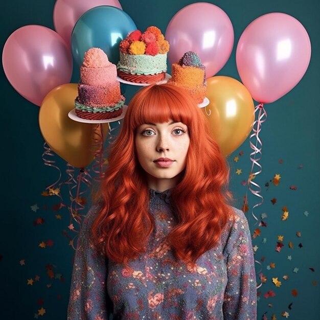 Una donna con un cappello colorato e una torta in testa