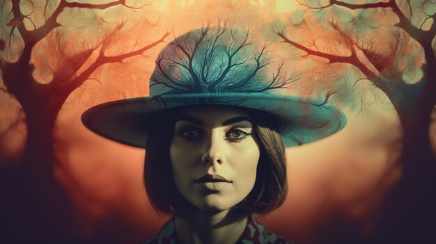 Una donna con un cappello con su scritto "albero".