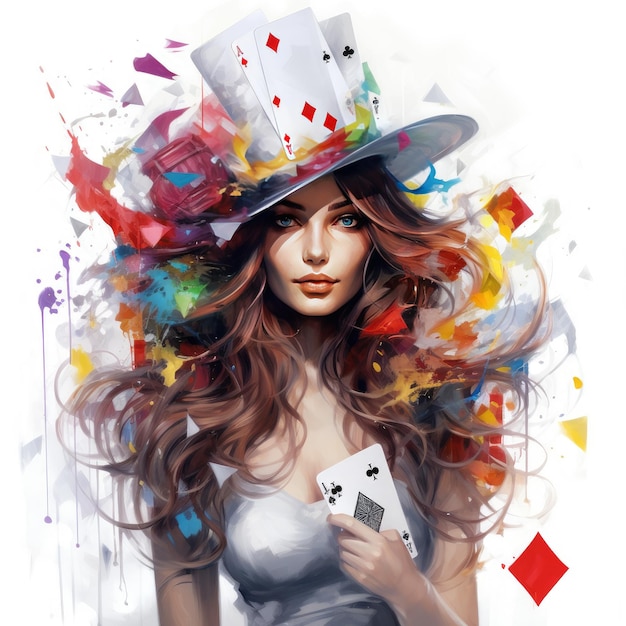 una donna con un cappello con su scritto gioco di carte