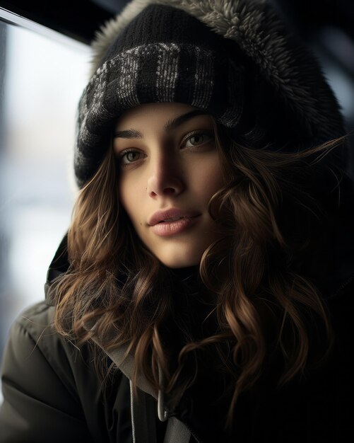 una donna con un cappello d'inverno e un cappotto che guarda fuori dalla finestra