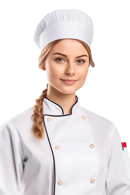 Una donna con un cappello da chef e un'uniforme bianca