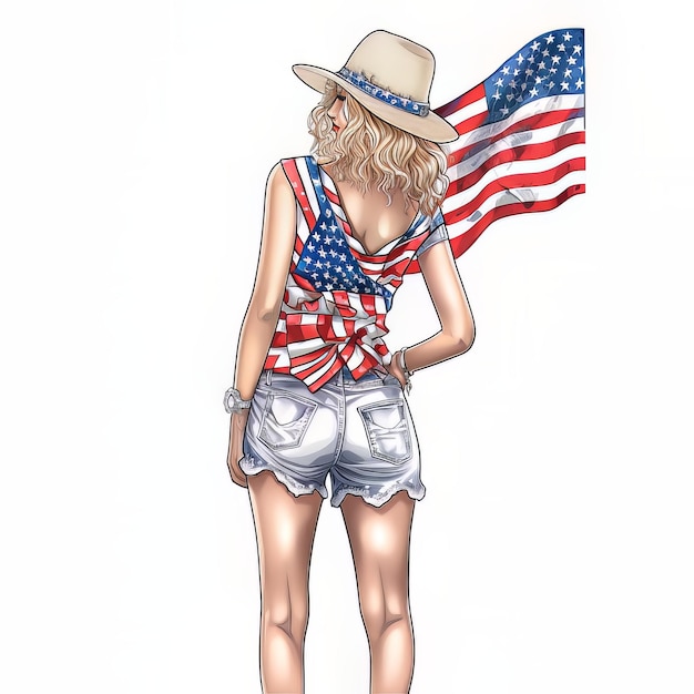 Una donna con un cappello da cowboy e pantaloncini corti con la bandiera americana sulla schiena.