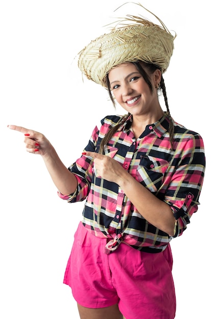 Una donna con un cappello da cowboy indica a destra.