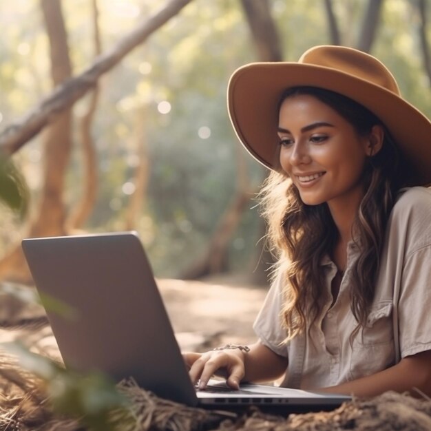 una donna con un cappello da cowboy sta scrivendo su un laptop