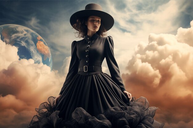 Una donna con un cappello da strega sta su una nuvola con