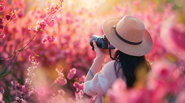 Una donna con un cappello di paglia cattura la bellezza dei fiori di ciliegio rosa