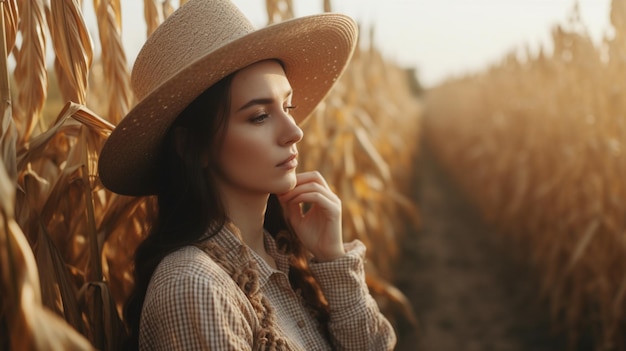 Una donna con un cappello di paglia si trova in un campo di mais.