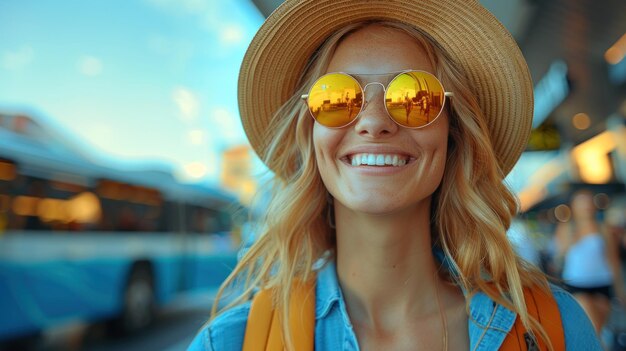 Una donna con un cappello e occhiali da sole che sorride direttamente alla telecamera