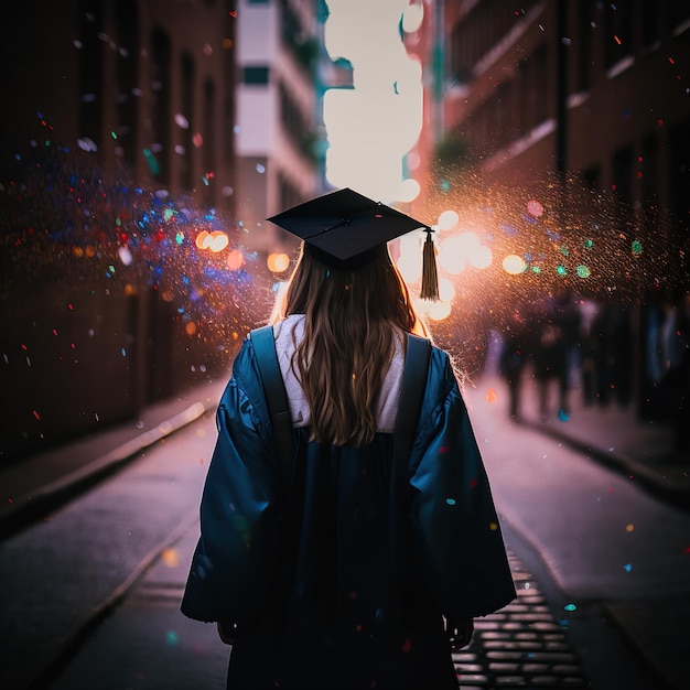 Una donna con un cappello e un abito da laurea cammina lungo una strada Celebrazione del giorno della laurea
