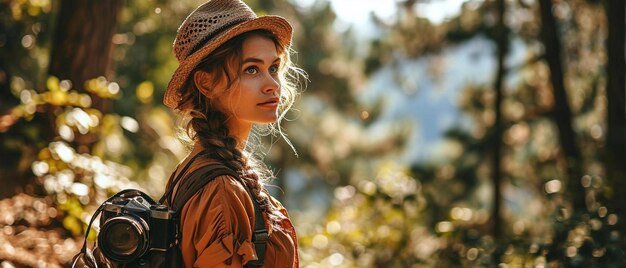 una donna con un cappello e una telecamera nel bosco