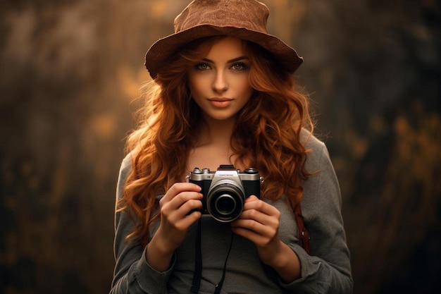 Una donna con un cappello e una telecamera