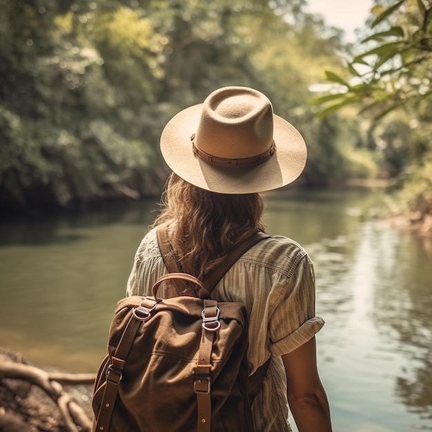 Una donna con un cappello e uno zaino si trova vicino a un fiume.