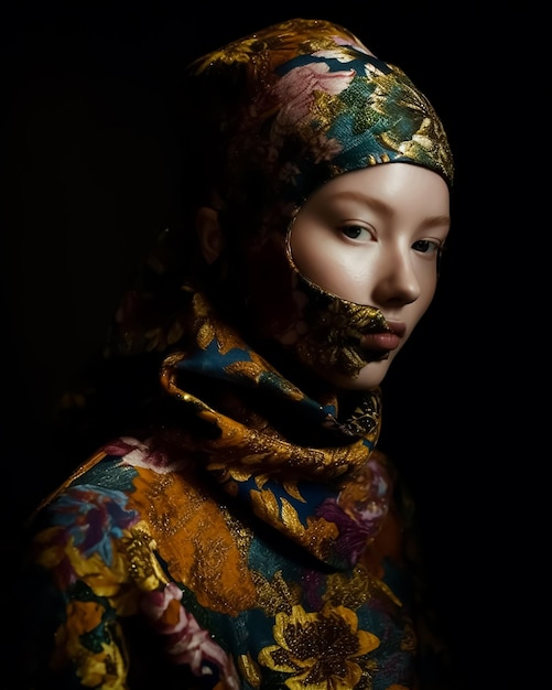 Una donna con un cappello floreale e una sciarpa