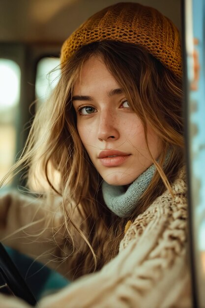 Una donna con un cappello giallo che guida una macchina