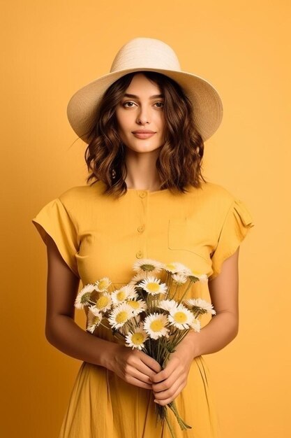 una donna con un cappello giallo tiene dei fiori davanti a uno sfondo arancione