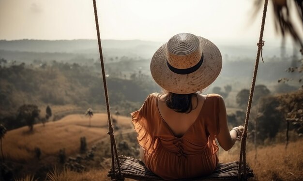 Una donna con un cappello gode della libertà su un'altalena a Bali, in Indonesia